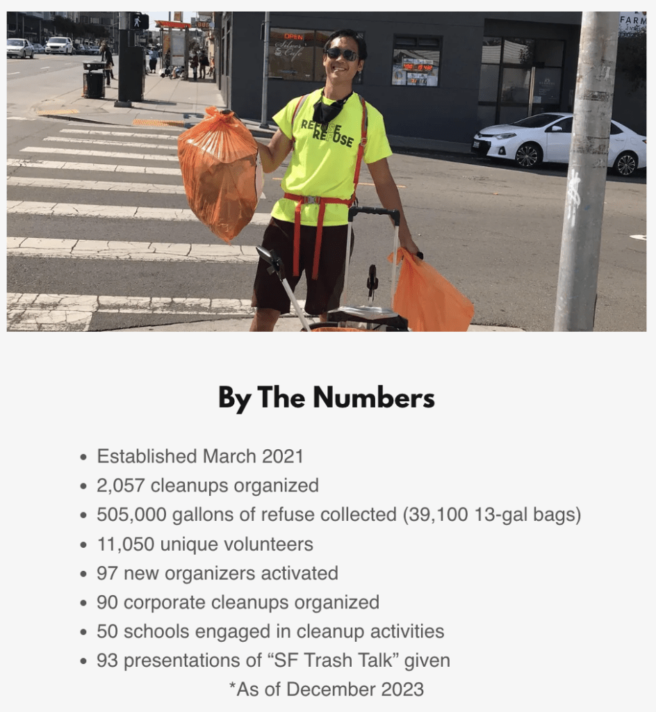 Founder of Refuse Refuse, Vince Yuen, proudly holding bags of collected litter. Text under the image displays their accomplishments since their founding in March 2021 (as of December 2023): 2057 cleanups organized, 505000 gallons of refuse collected, 11050 unique volunteers, 97 new organizations activated, 90 corporate cleanups organized, 50 schools engaged in cleanup activities, and 93 presentations of "SF Trash Talk"